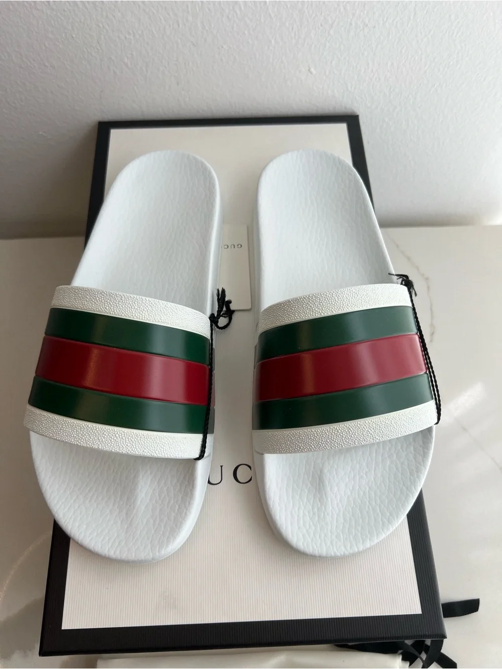 Gucci White Slides with Green & Red Stripes - Luxury Designer Style